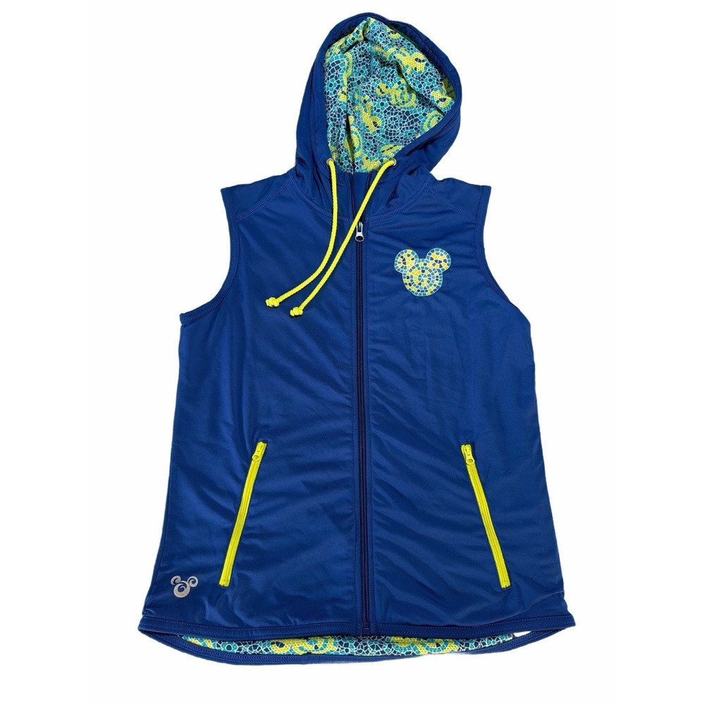Disney Parks Mickey Mouse Sleeveless Hoodie Vest Full Zip‎ Blue Yellow Mosaic XS